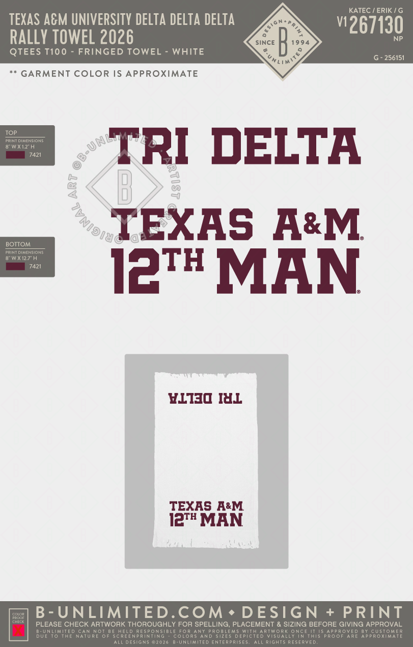 Texas A&M University Delta Delta Delta - Rally Towel 2026 - QTees - T100 - Fringed Towel - White