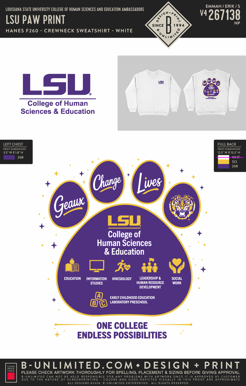 Louisiana State University College of Human Sciences and Education Ambassadors - LSU Paw Print - Hanes - F260 - Sweatshirt - White