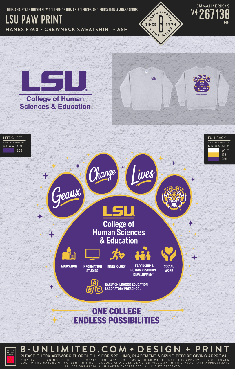 Louisiana State University College of Human Sciences and Education Ambassadors - LSU Paw Print - Hanes - F260 - Sweatshirt - Ash