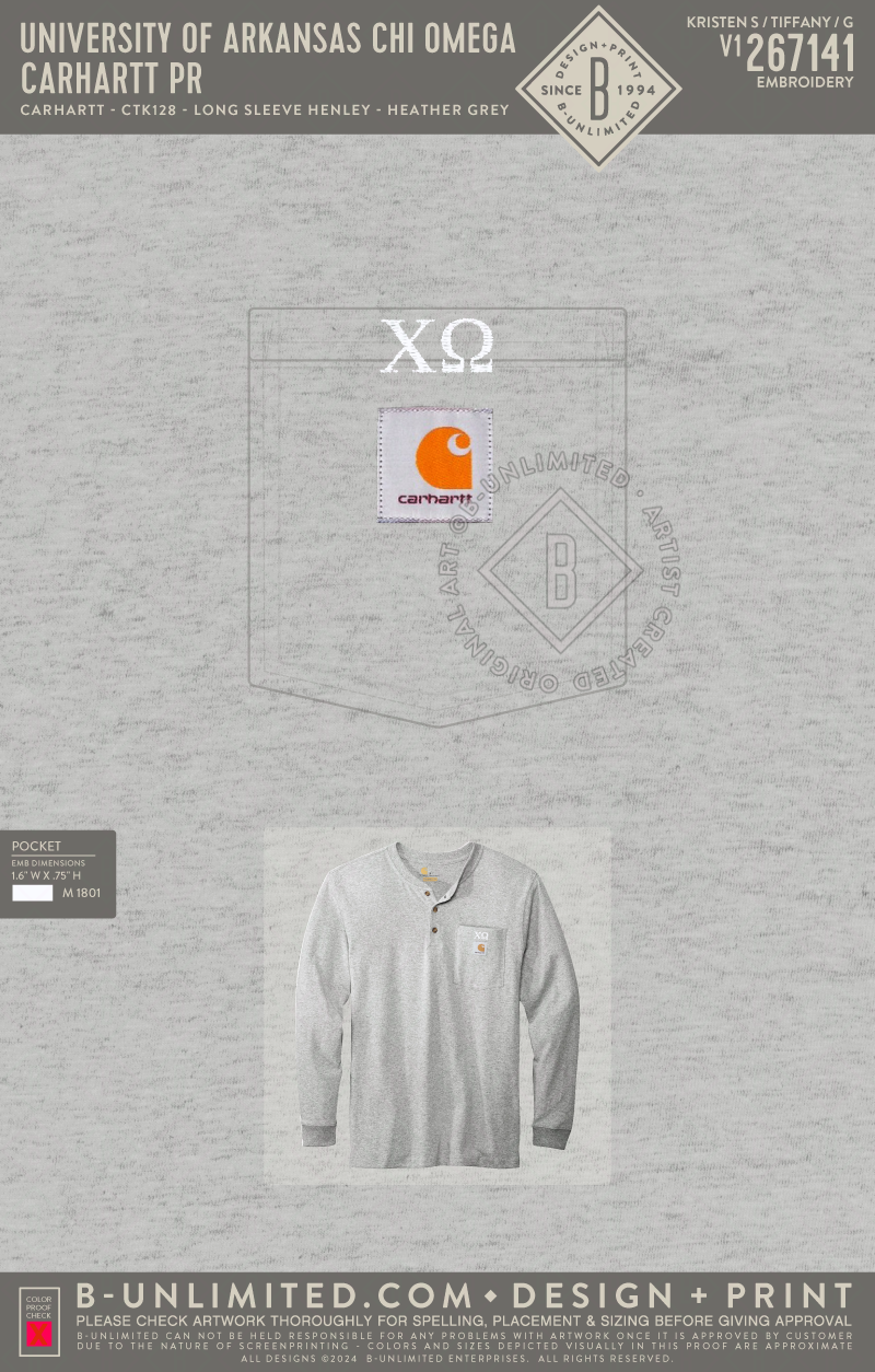 University of Arkansas Chi Omega - Carhartt PR - Carhartt - CTK128 - Long Sleeve Henley T-Shirt - Heather Grey