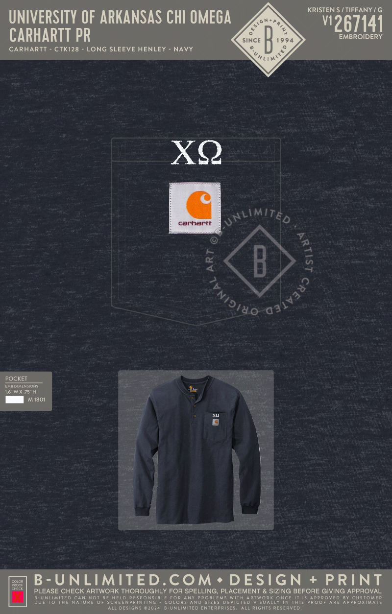 University of Arkansas Chi Omega - Carhartt PR - Carhartt - CTK128 - Long Sleeve Henley T-Shirt - Navy
