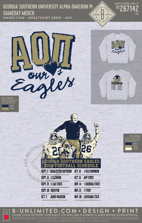 Georgia Southern University Alpha Omicron Pi - Gameday Merch - Hanes - F260 - Sweatshirt - Ash