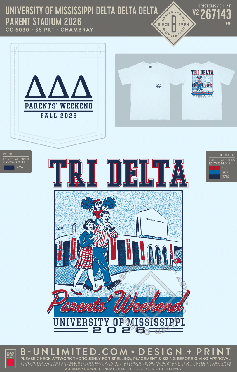 University of Mississippi Delta Delta Delta - Parent Stadium 2026 - CC - 6030 - SS Pocket - Chambray