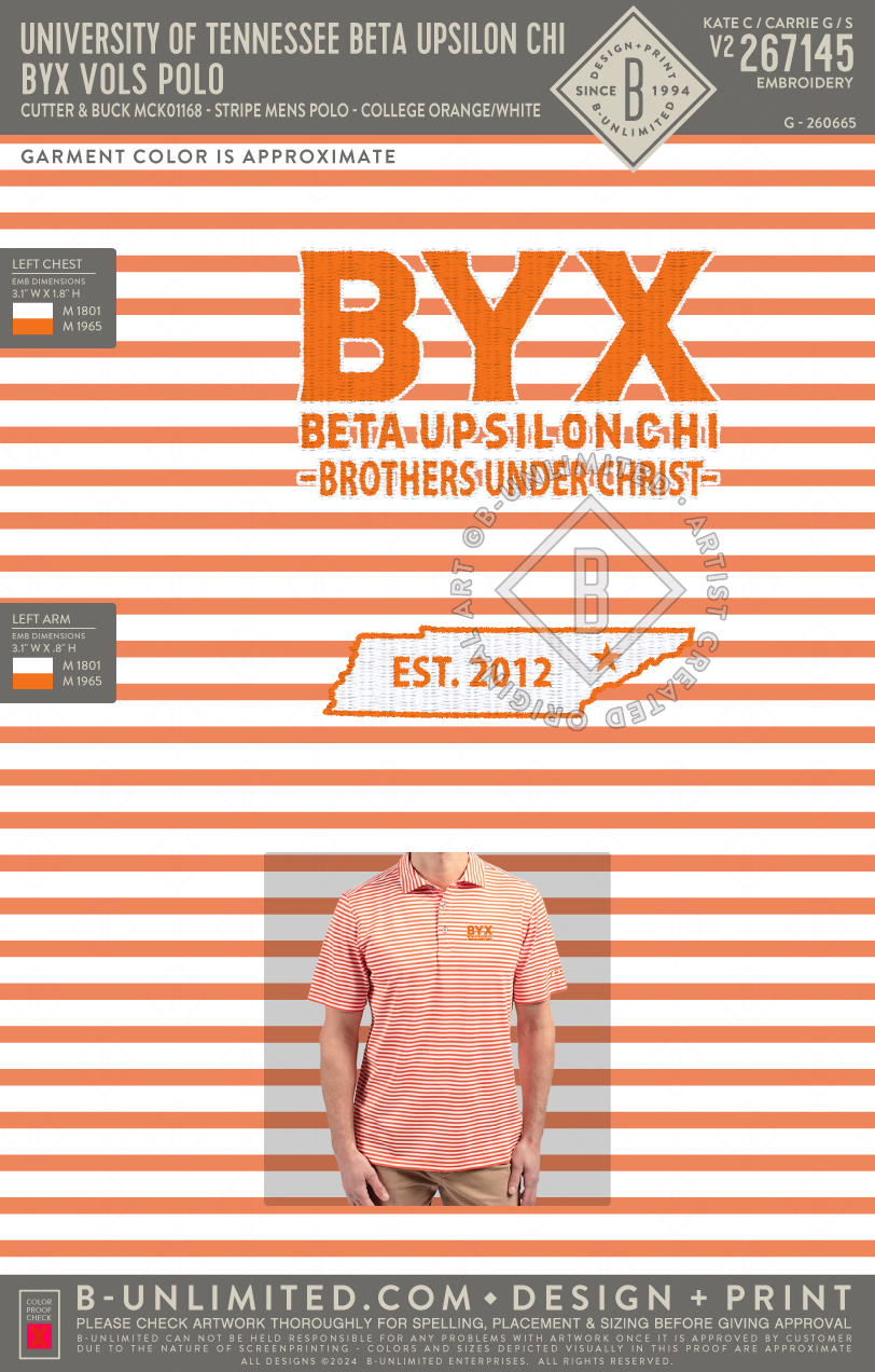 University of Tennessee Beta Upsilon Chi - BYX Vols Polo - Cutter & Buck - MCK01168 - Virtue Eco Pique Stripe Recycled Mens Polo - College Orange/White