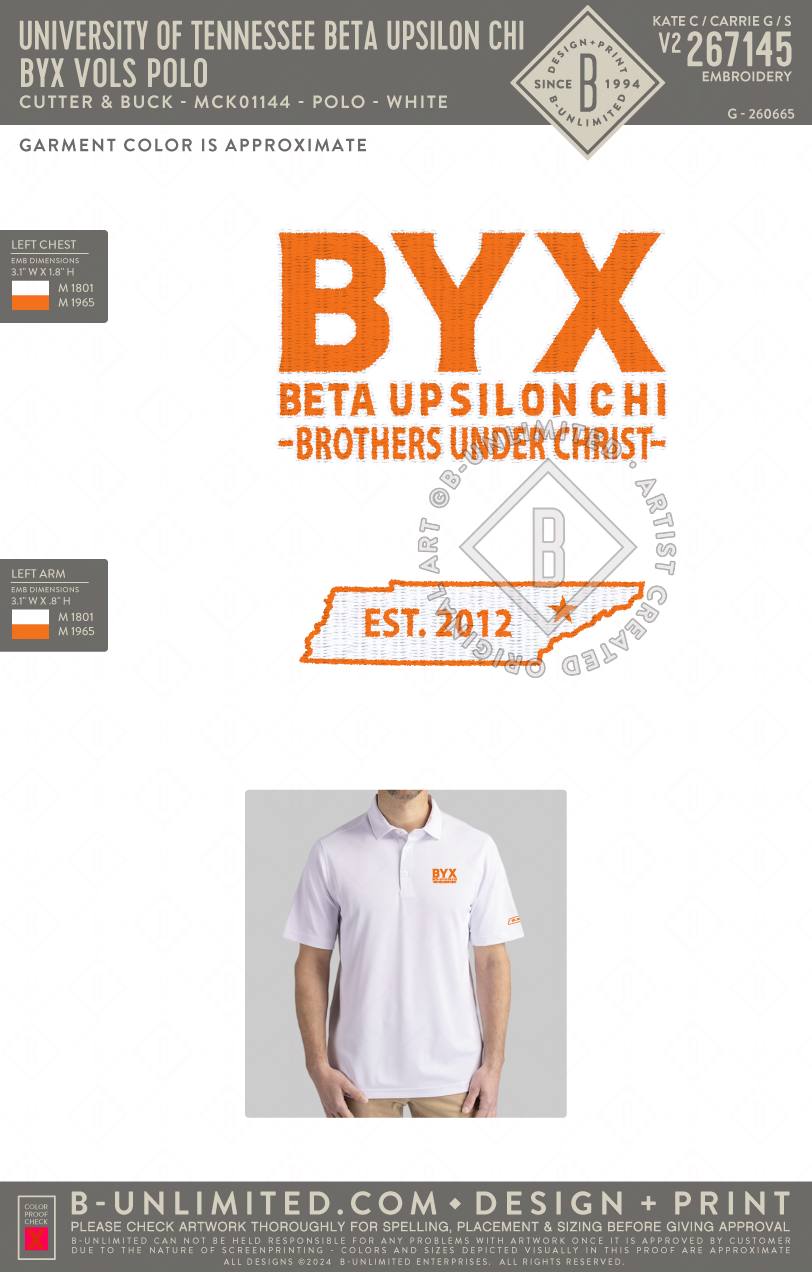 University of Tennessee Beta Upsilon Chi - BYX Vols Polo - Cutter & Buck - MCK01144 - Polo - White