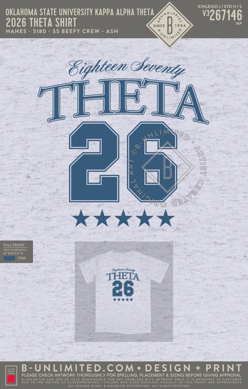 Oklahoma State University Kappa Alpha Theta - 2026 Theta Shirt - Hanes - 5180 - SS Beefy Crew - Ash