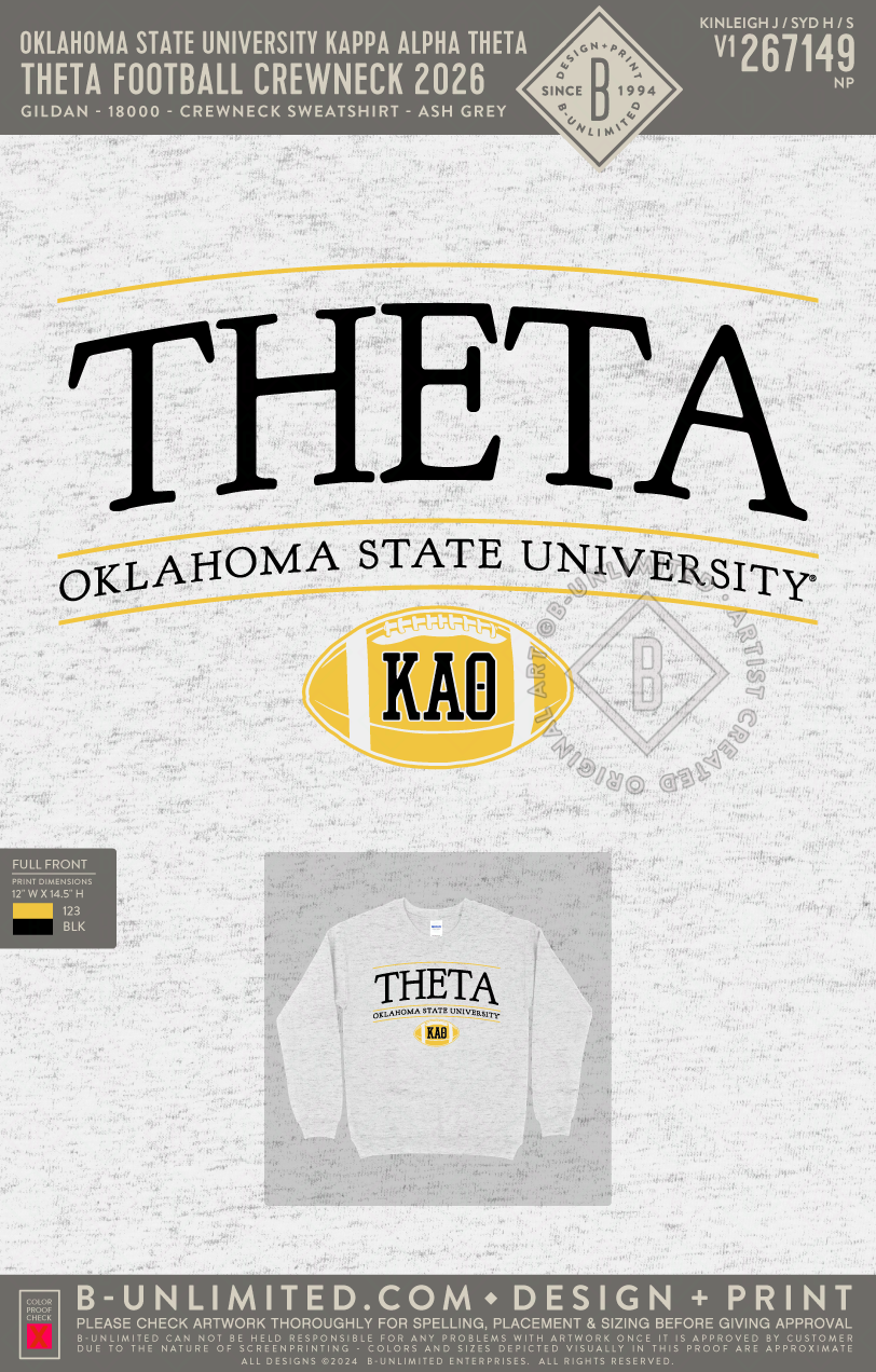Oklahoma State University Kappa Alpha Theta - Theta Football Crewneck 2026 - Gildan - 18000 - Crewneck Sweatshirt - Ash Grey