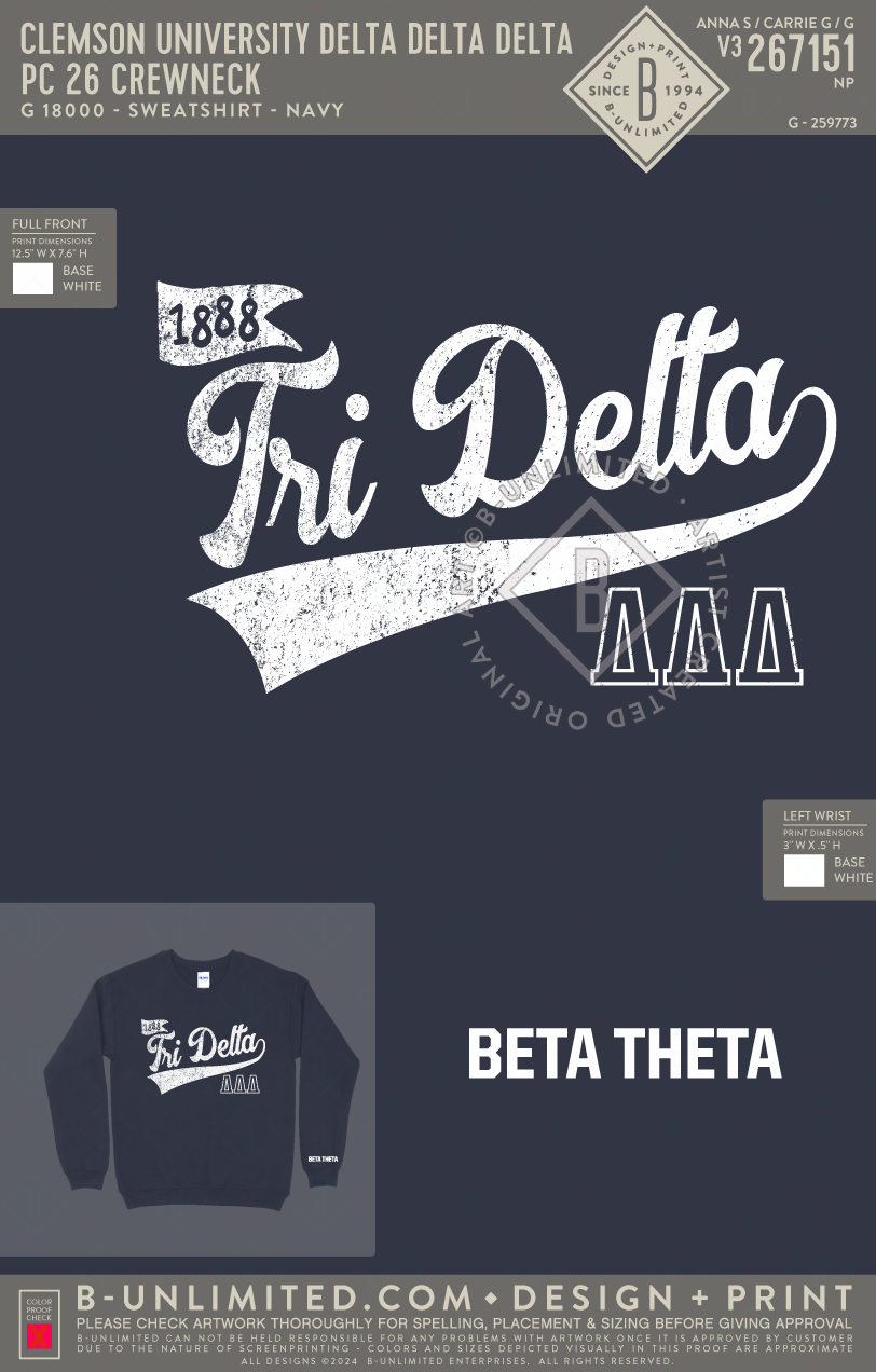 Clemson University Delta Delta Delta - PC 26 Crewneck - Gildan - 18000 - Crewneck Sweatshirt - Navy
