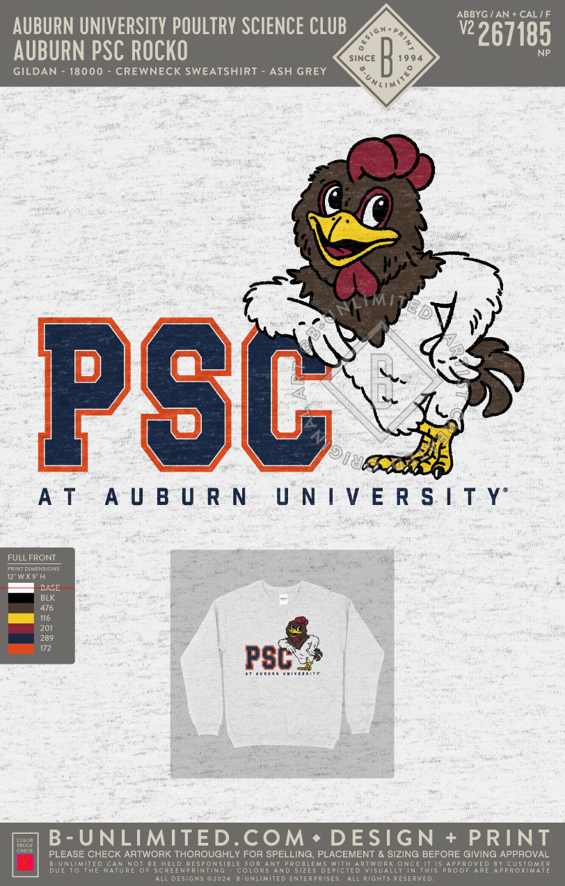 Auburn University Poultry Science Club - Auburn PSC Rocko - Gildan - 18000 - Crewneck Sweatshirt - Ash Grey