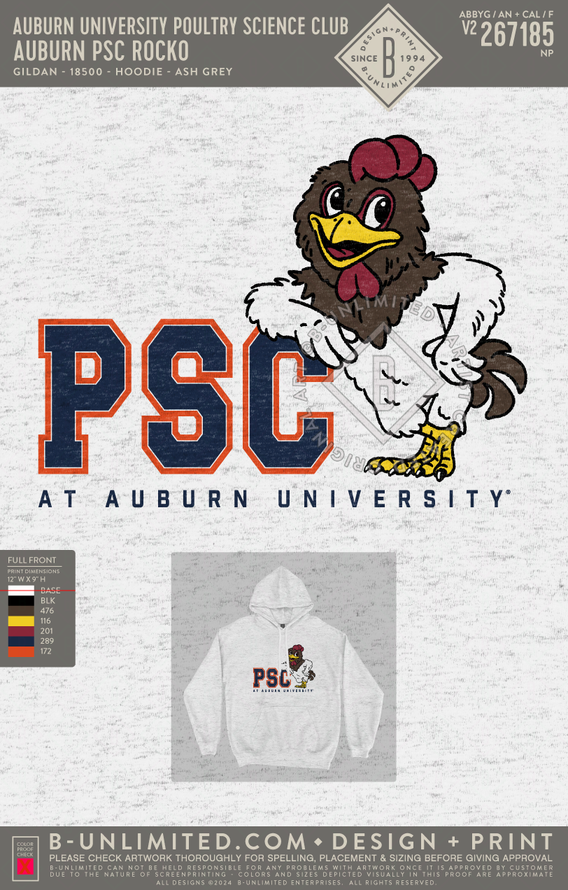 Auburn University Poultry Science Club - Auburn PSC Rocko - Gildan - 18500 - Hoodie - Ash Grey