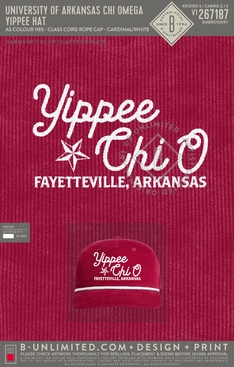 University of Arkansas Chi Omega - Yippee Hat - AS Colour - 1185 - Class Cord Rope Cap - Cardinal/White