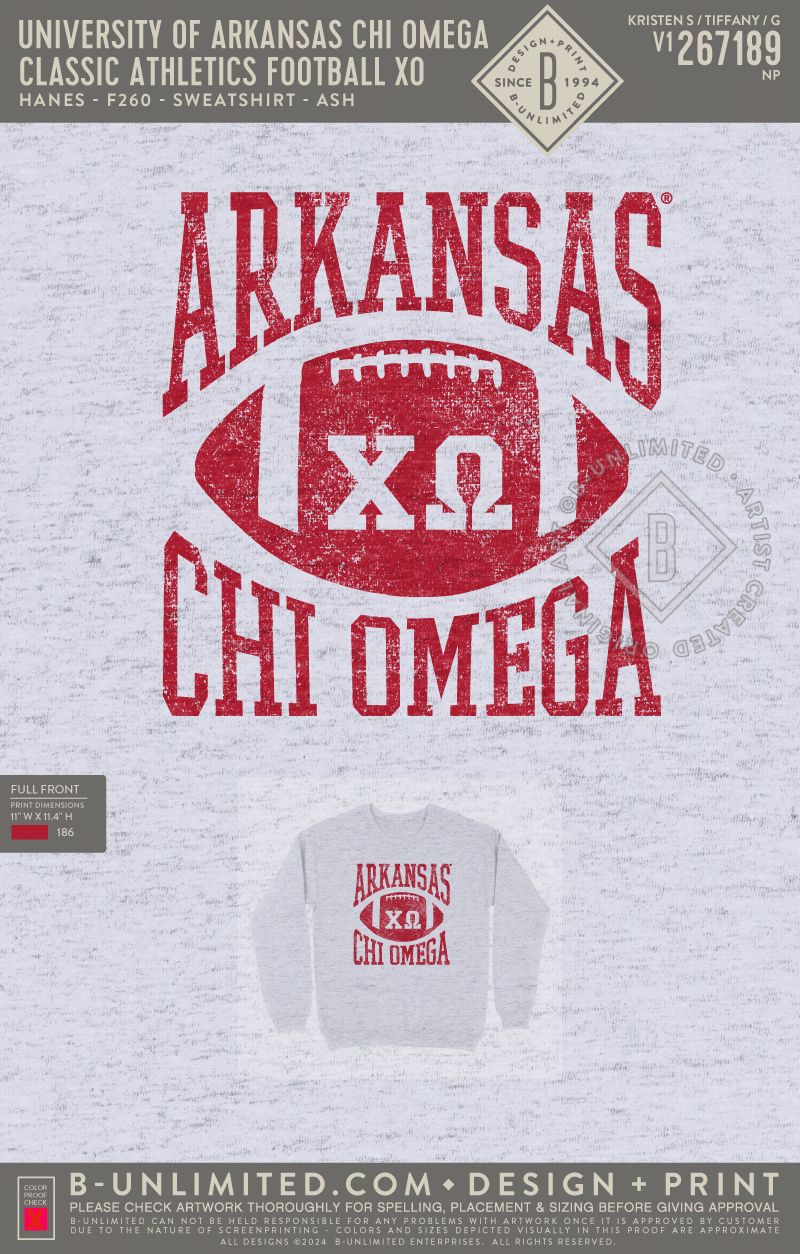 University of Arkansas Chi Omega - Classic Athletics Football XO - Hanes - F260 - Sweatshirt - Ash