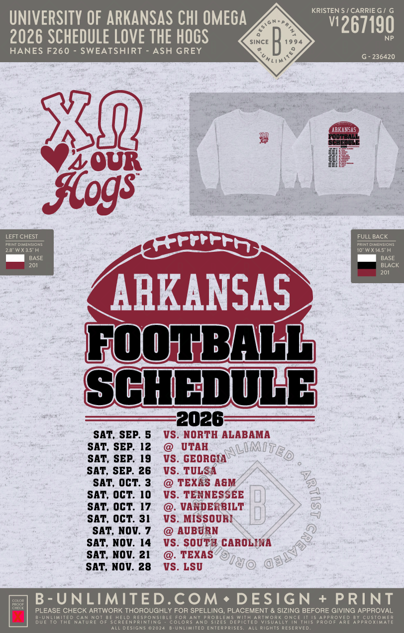 University of Arkansas Chi Omega - 2026 Schedule Love the hogs - Hanes - F260 - Sweatshirt - Ash