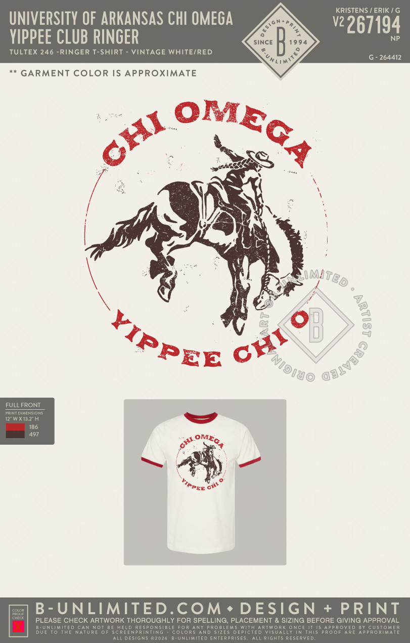University of Arkansas Chi Omega - Yippee Club Ringer - Tultex - 246 - Unisex Fine Jersey Ringer T-Shirt - Vintage White/Red