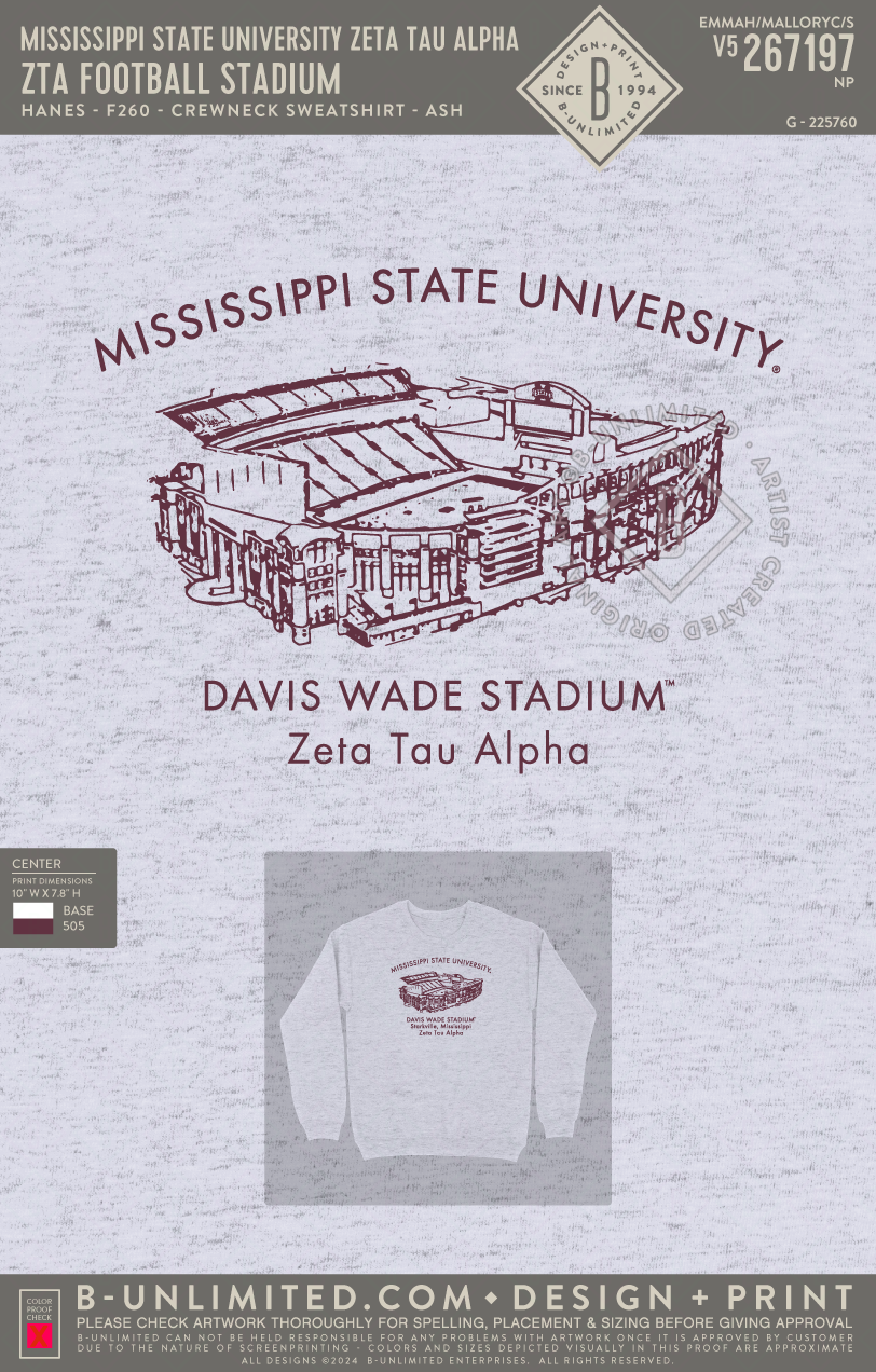 Mississippi State University Zeta Tau Alpha - ZTA Football Stadium - Hanes - F260 - Sweatshirt - Ash