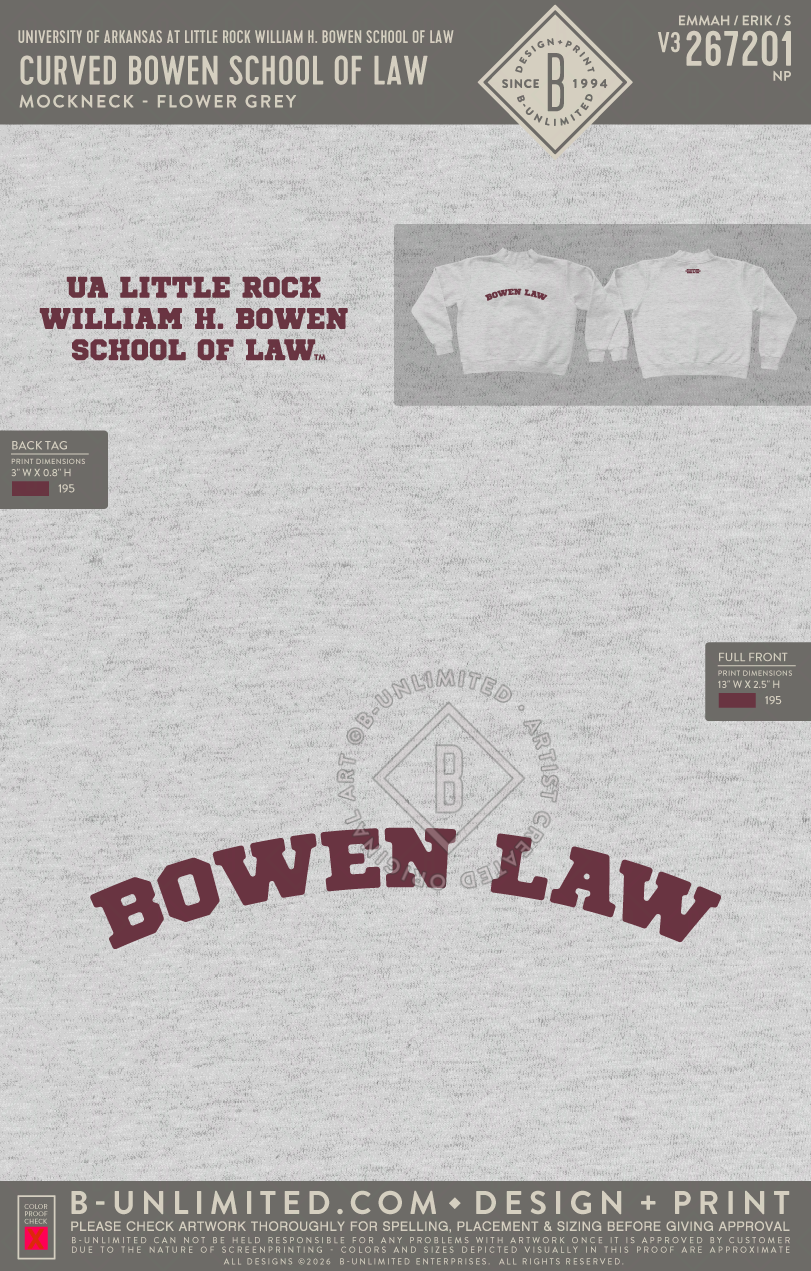 University of Arkansas at Little Rock William H. Bowen School of Law - Curved Bowen School of Law - Tap Stitch - WW0004-P001-V2 - Mockneck Crewneck Sweatshirt - Flower Grey