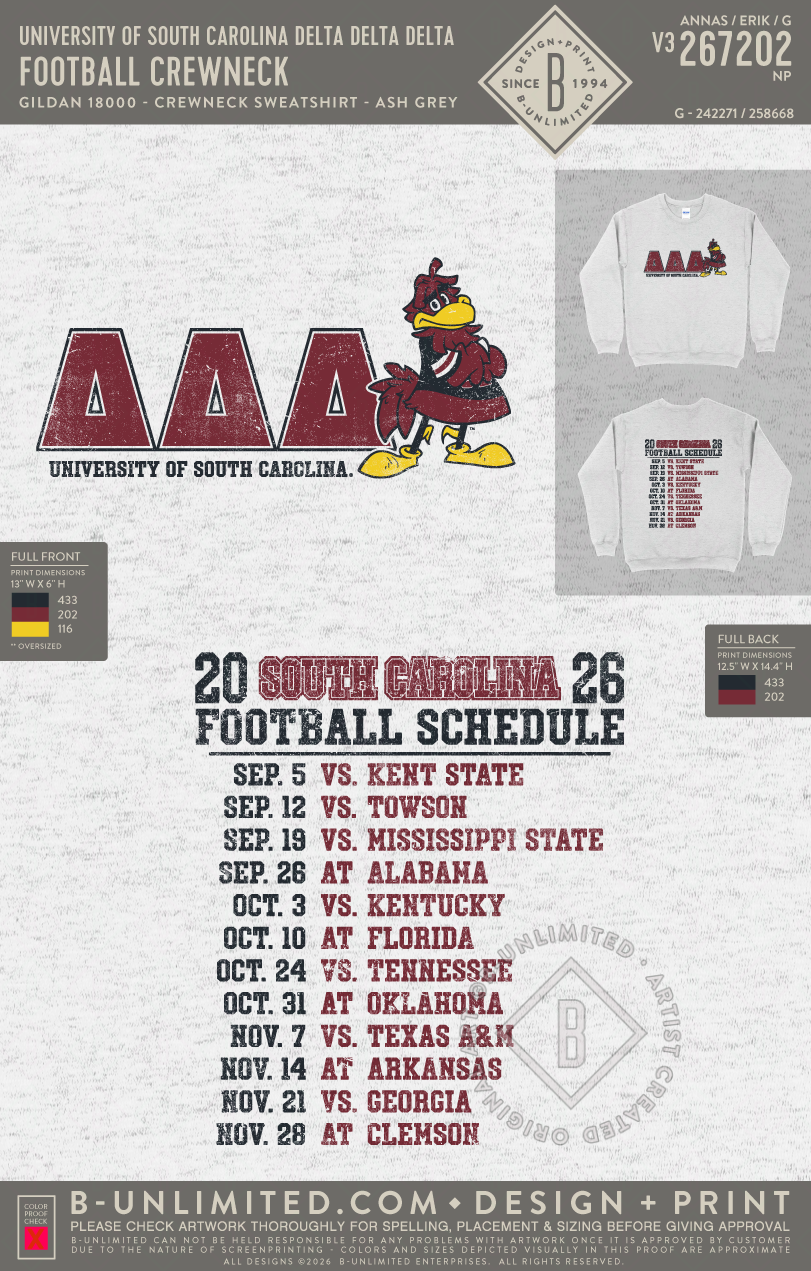 University of South Carolina Delta Delta Delta - Football Crewneck - Gildan - 18000 - Crewneck Sweatshirt - Ash Grey