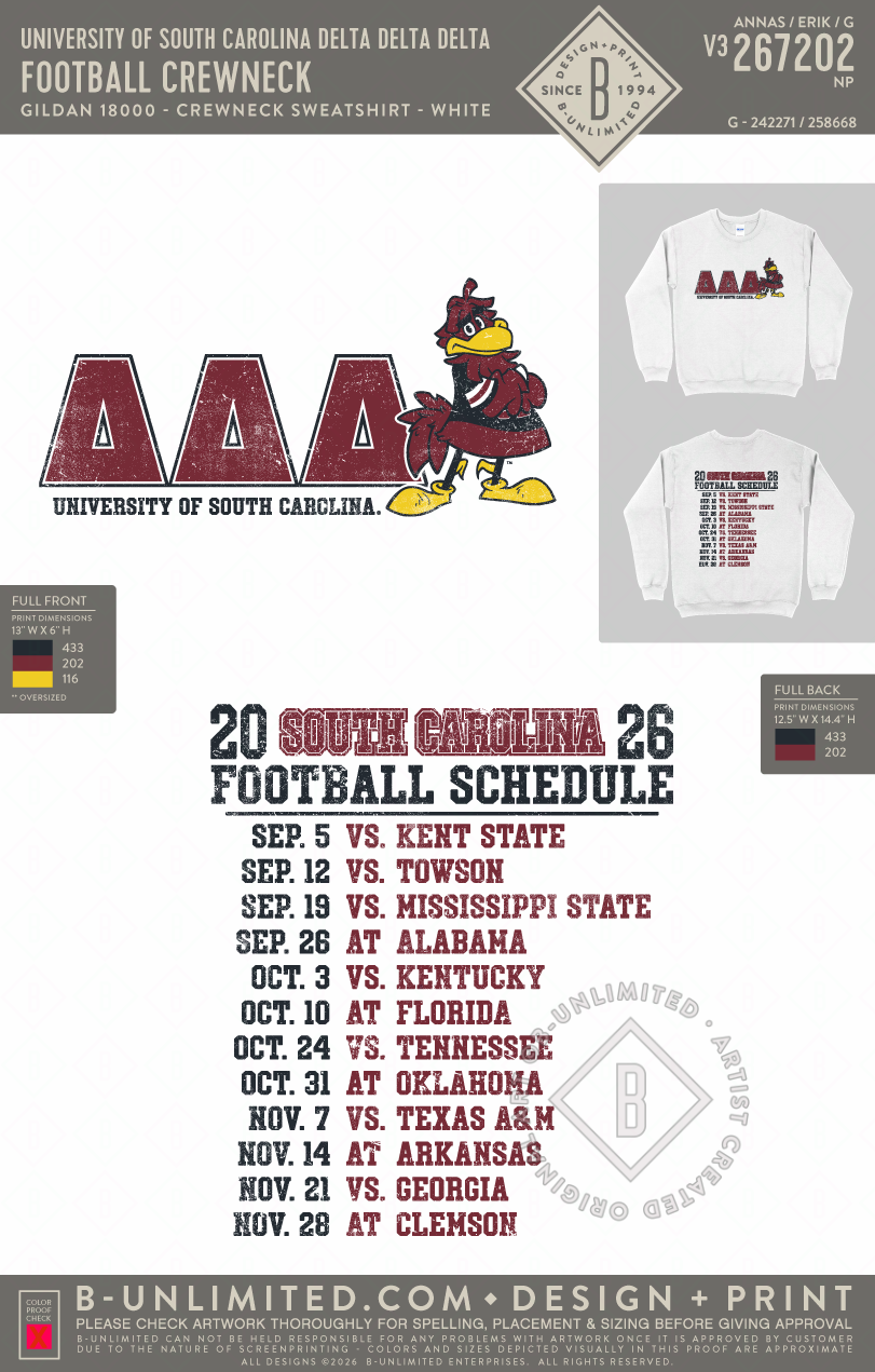 University of South Carolina Delta Delta Delta - Football Crewneck - Gildan - 18000 - Crewneck Sweatshirt - White
