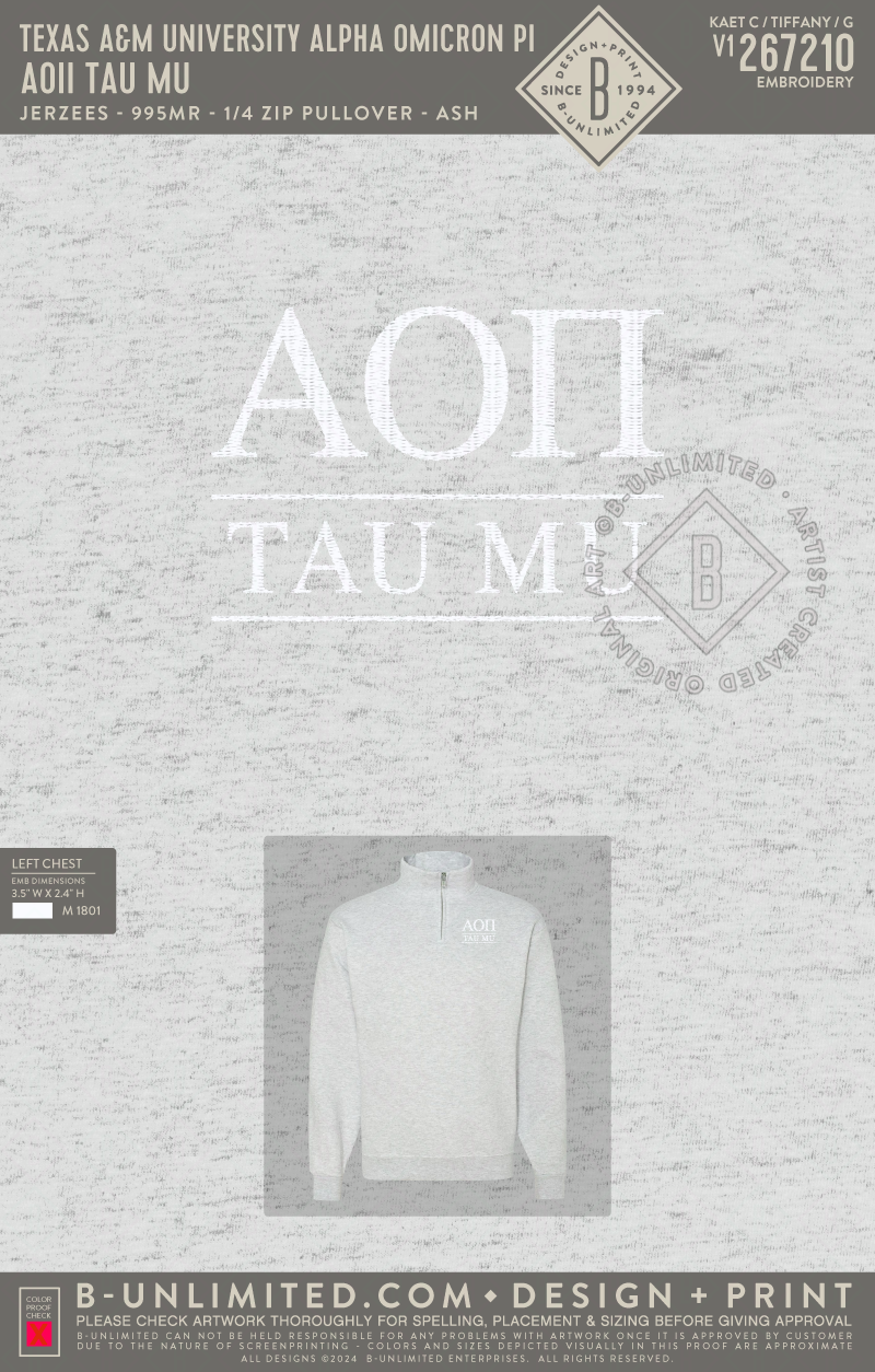 Texas A&M University Alpha Omicron Pi - AOII Tau Mu - Jerzees - 995MR - 1/4 Zip Pullover - Ash