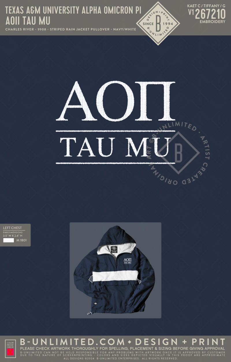 Texas A&M University Alpha Omicron Pi - AOII Tau Mu - Charles River - 9908 - Striped Rain Jacket Pullover - Navy/White