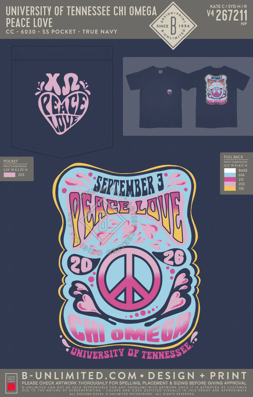 University of Tennessee Chi Omega - Peace Love - CC - 6030 - SS Pocket - True Navy