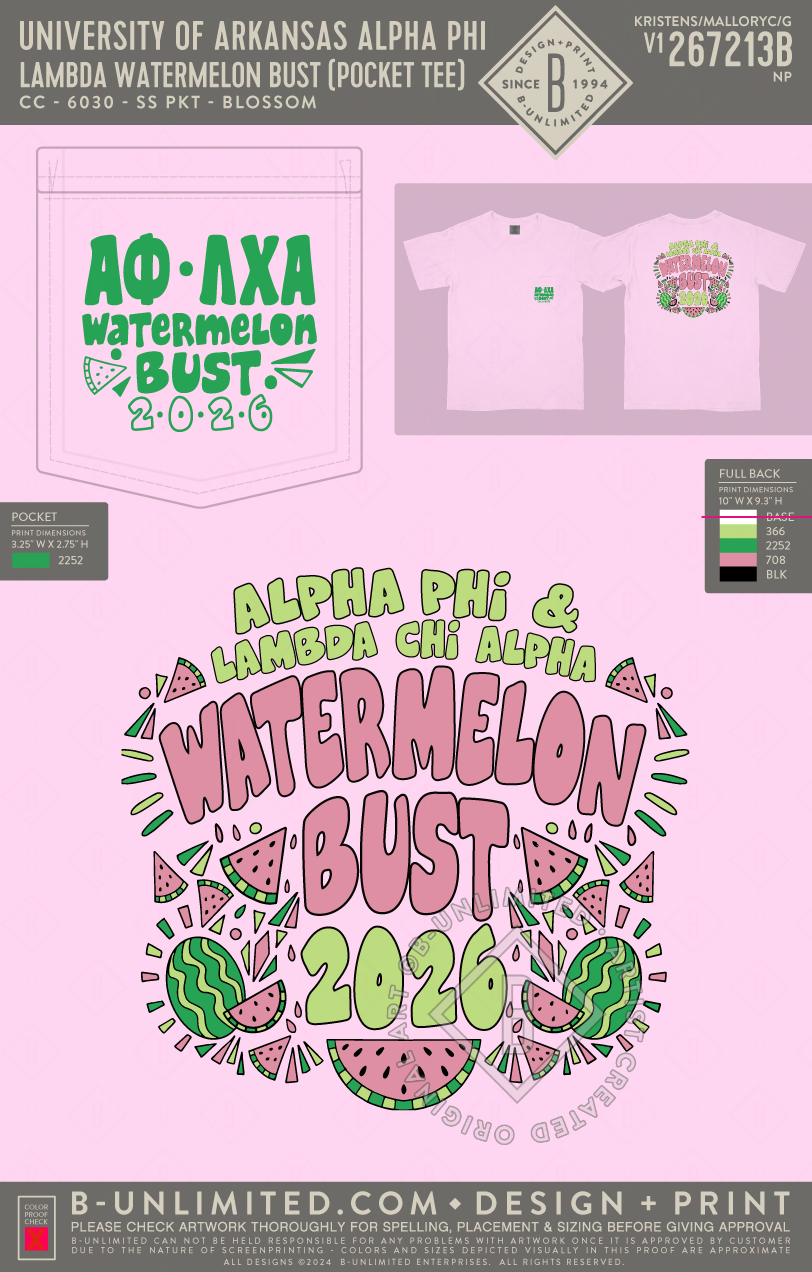 University of Arkansas Alpha Phi - Lambda Watermelon Bust (Pocket Tee) - CC - 6030 - SS Pocket - Blossom