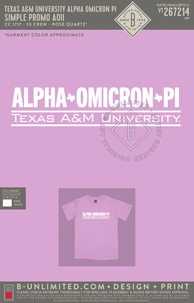 Texas A&M University Alpha Omicron Pi - Simple Promo AOII - CC - 1717 - SS Crew - Rose Quartz