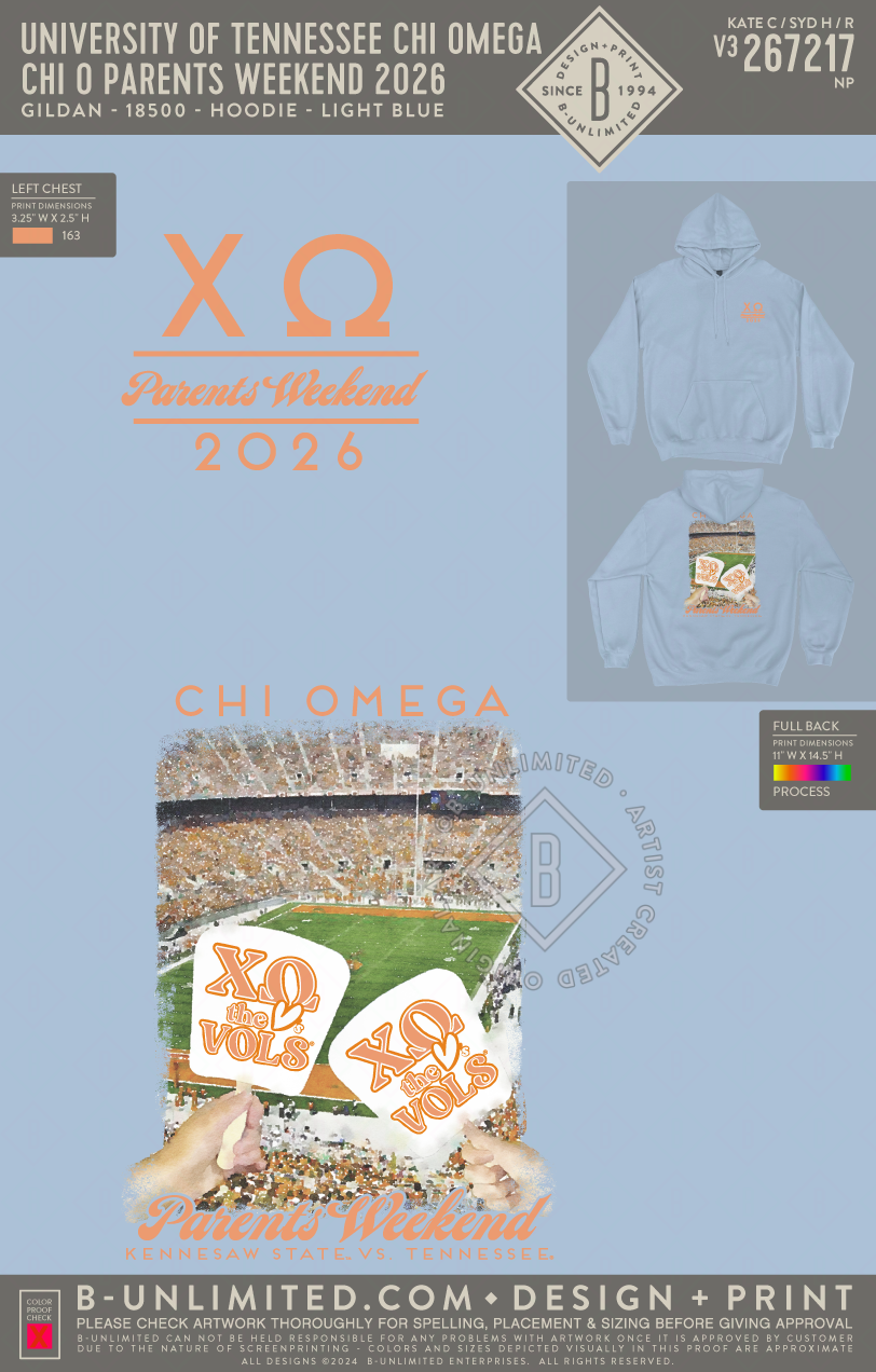 University of Tennessee Chi Omega - Chi O Parents Weekend 2026 - Gildan - 18000 - Crewneck Sweatshirt - Light Blue