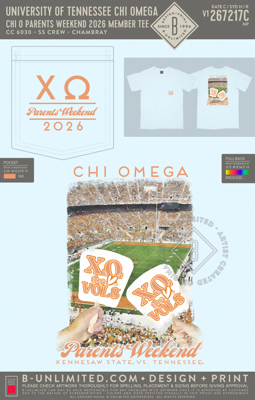 University of Tennessee Chi Omega - Chi O Parents Weekend 2026 Member Tee - CC - 6030 - SS Pocket - Chambray