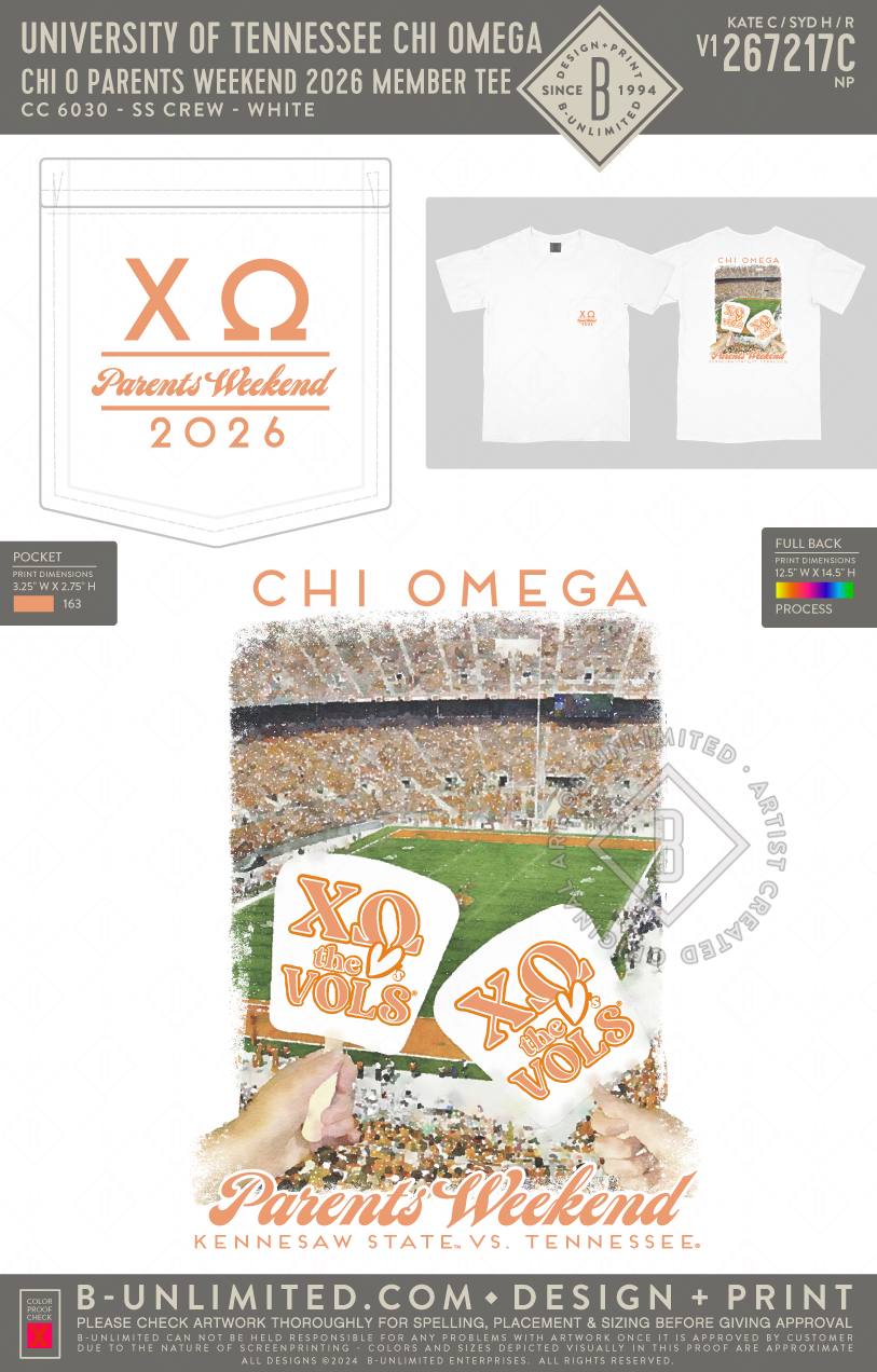 University of Tennessee Chi Omega - Chi O Parents Weekend 2026 Member Tee - CC - 6030 - SS Pocket - White