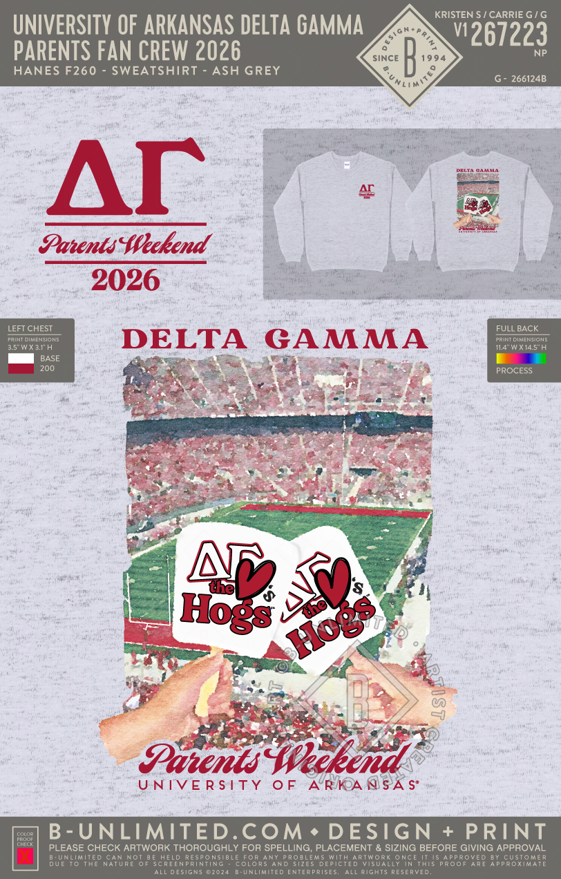 University of Arkansas Delta Gamma - Parents Fan Crew 2026 - Hanes - F260 - Sweatshirt - Ash