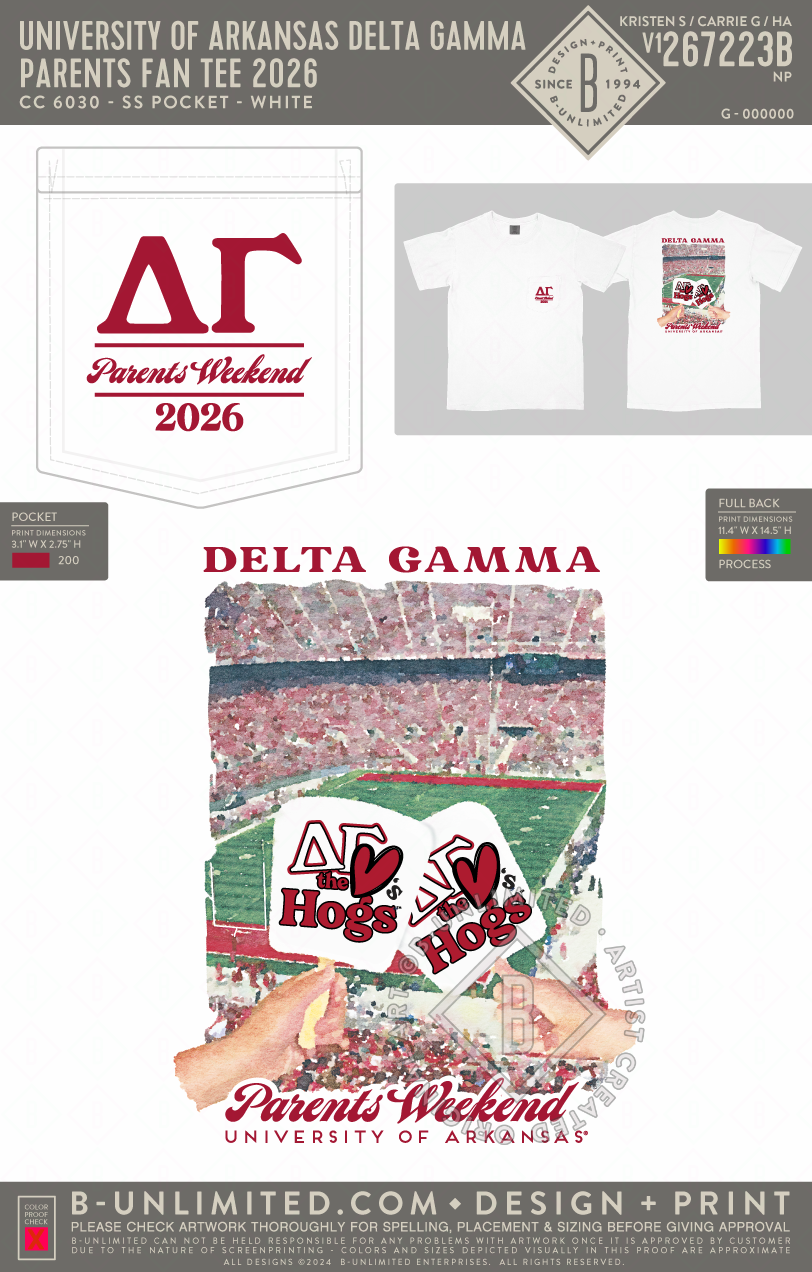 University of Arkansas Delta Gamma - Parents Fan Tee 2026 - CC - 6030 - SS Pocket - White