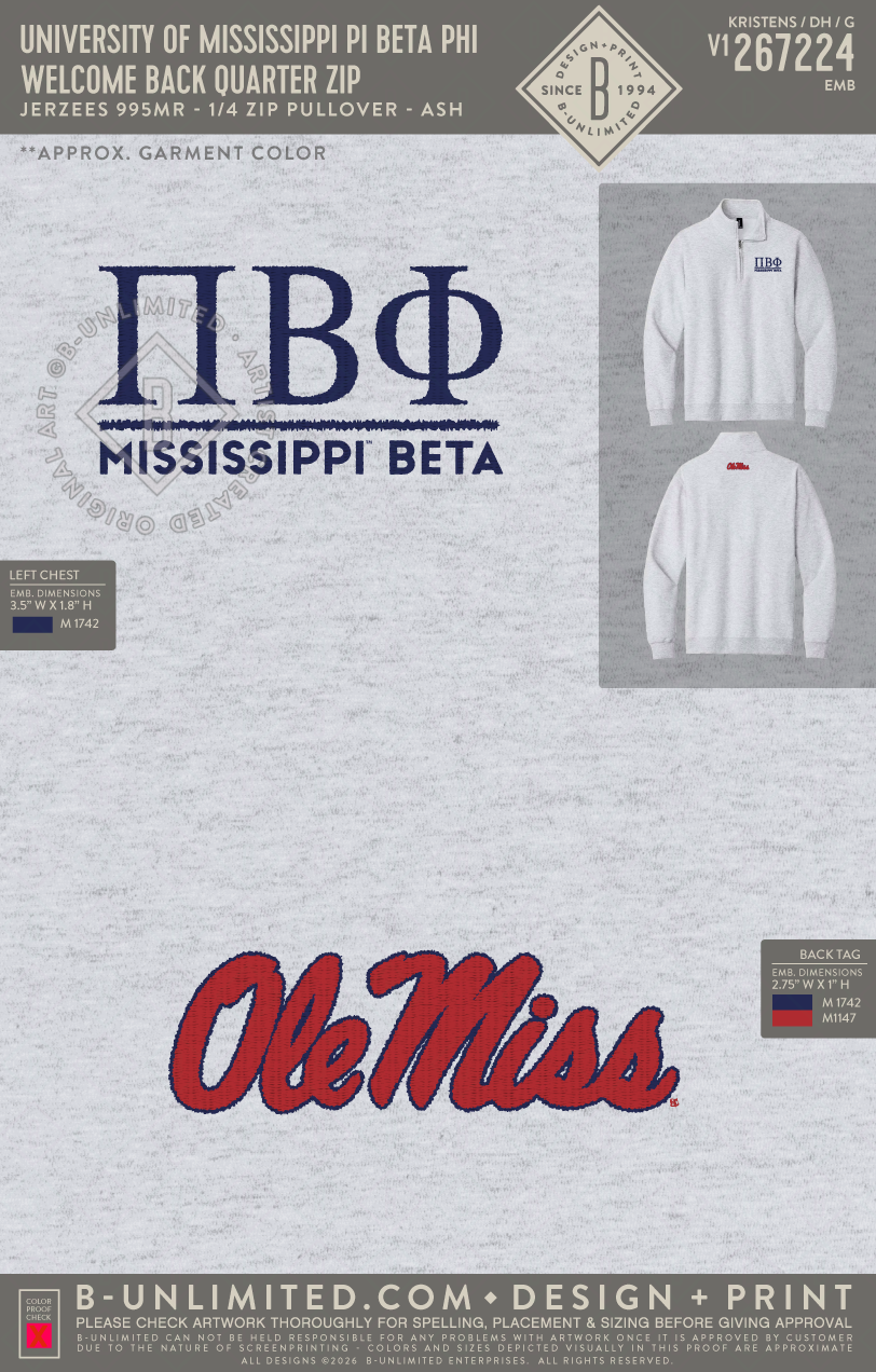 University of Mississippi Pi Beta Phi - Welcome Back Quarter Zip - Jerzees - 995MR - 1/4 Zip Pullover - Ash