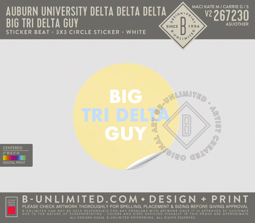 Auburn University Delta Delta Delta - Big Tri Delta Guy 2 - Sticker Beat - 3x3 Circle Sticker - White
