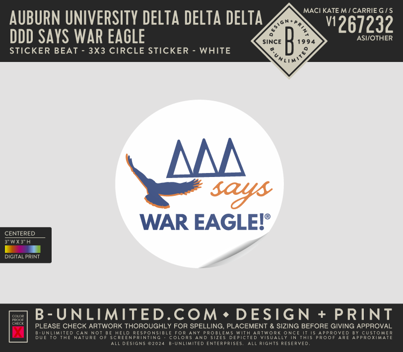Auburn University Delta Delta Delta - DDD says War Eagle - Sticker Beat - 3x3 Circle Sticker - White