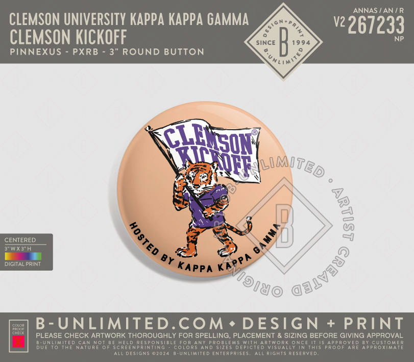Clemson University Kappa Kappa Gamma - Clemson Kickoff - PinNexus - PXRB - 3" Round Button - Multi