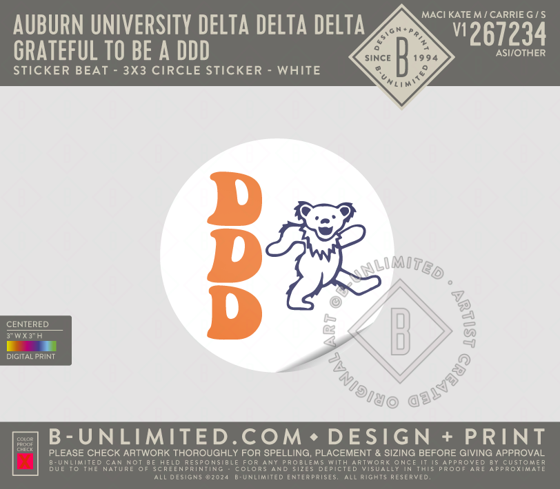 Auburn University Delta Delta Delta - Grateful to be a DDD - Sticker Beat - 3x3 Circle Sticker - White