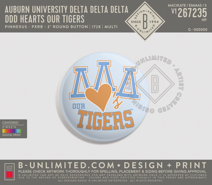 Auburn University Delta Delta Delta - DDD hearts our tigers Button - PinNexus - PXRB - 3" Round Button - Multi