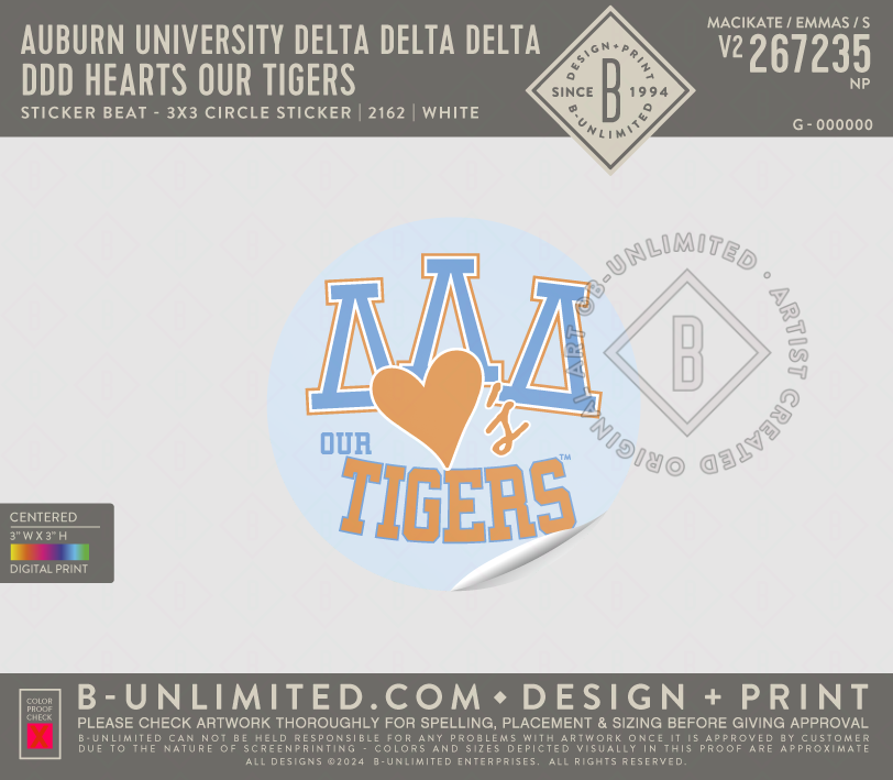 Auburn University Delta Delta Delta - DDD hearts our tigers - Sticker Beat - 3x3 Circle Sticker - White