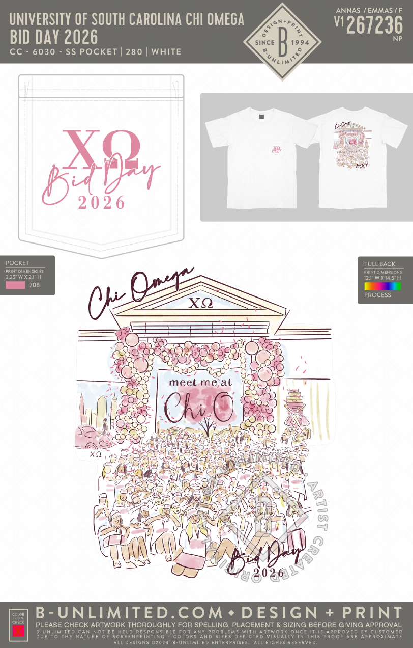 University of South Carolina Chi Omega - Bid Day 2026 - CC - 6030 - SS Pocket - White