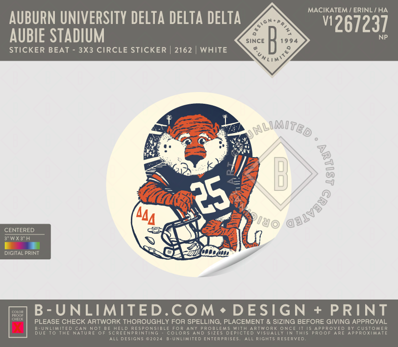 Auburn University Delta Delta Delta - Aubie Stadium - Sticker Beat - 3x3 Circle Sticker - White