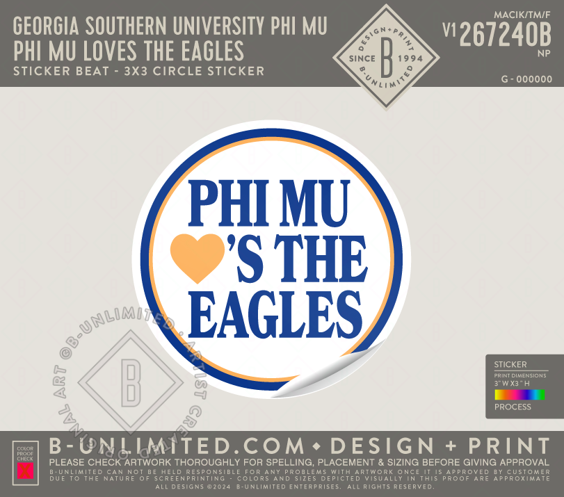 Georgia Southern University Phi Mu - Phi Mu loves the Eagles - Sticker Beat - 3x3 Circle Sticker - White