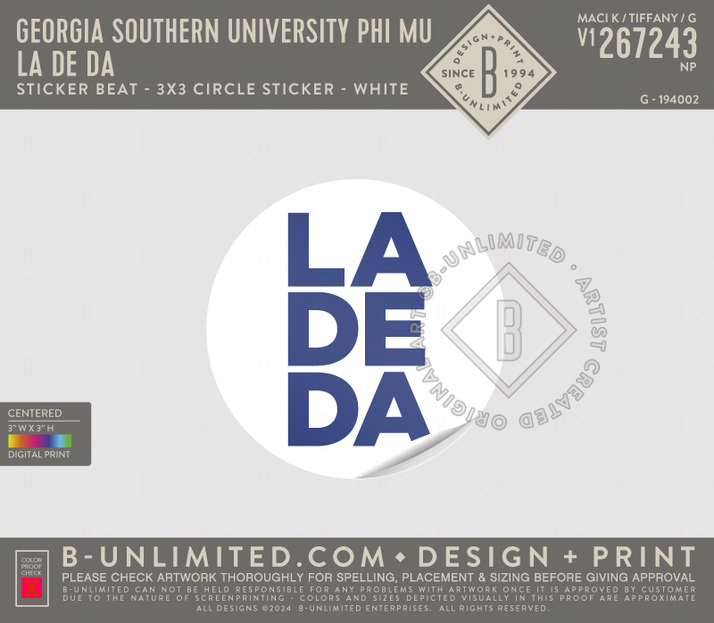 Georgia Southern University Phi Mu - La De Da - Sticker Beat - 3x3 Circle Sticker - White