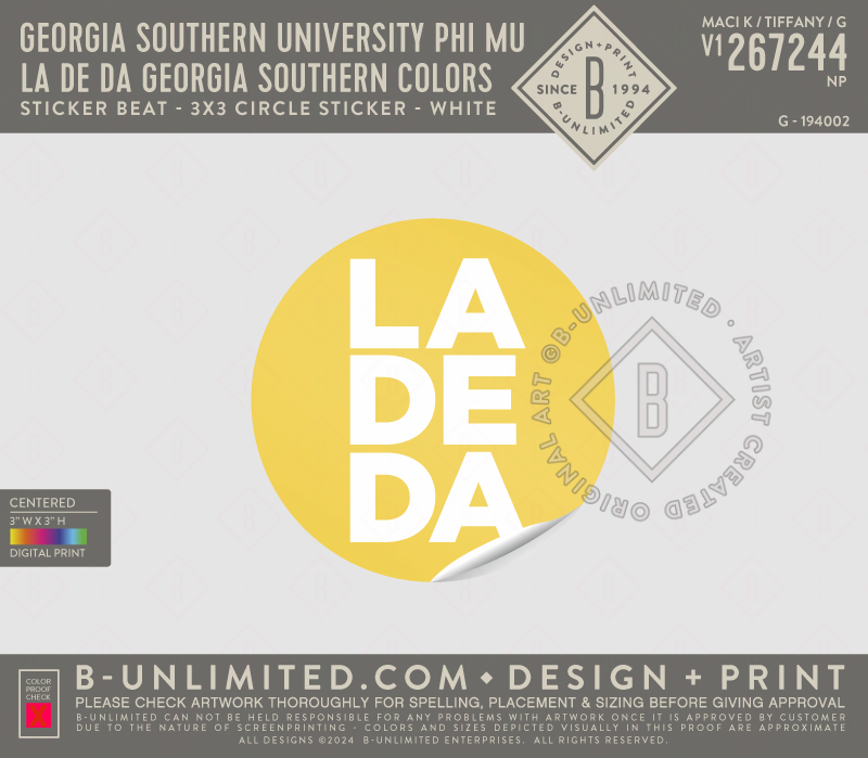 Georgia Southern University Phi Mu - La De Da Georgia Southern Colors - Sticker Beat - 3x3 Circle Sticker - White