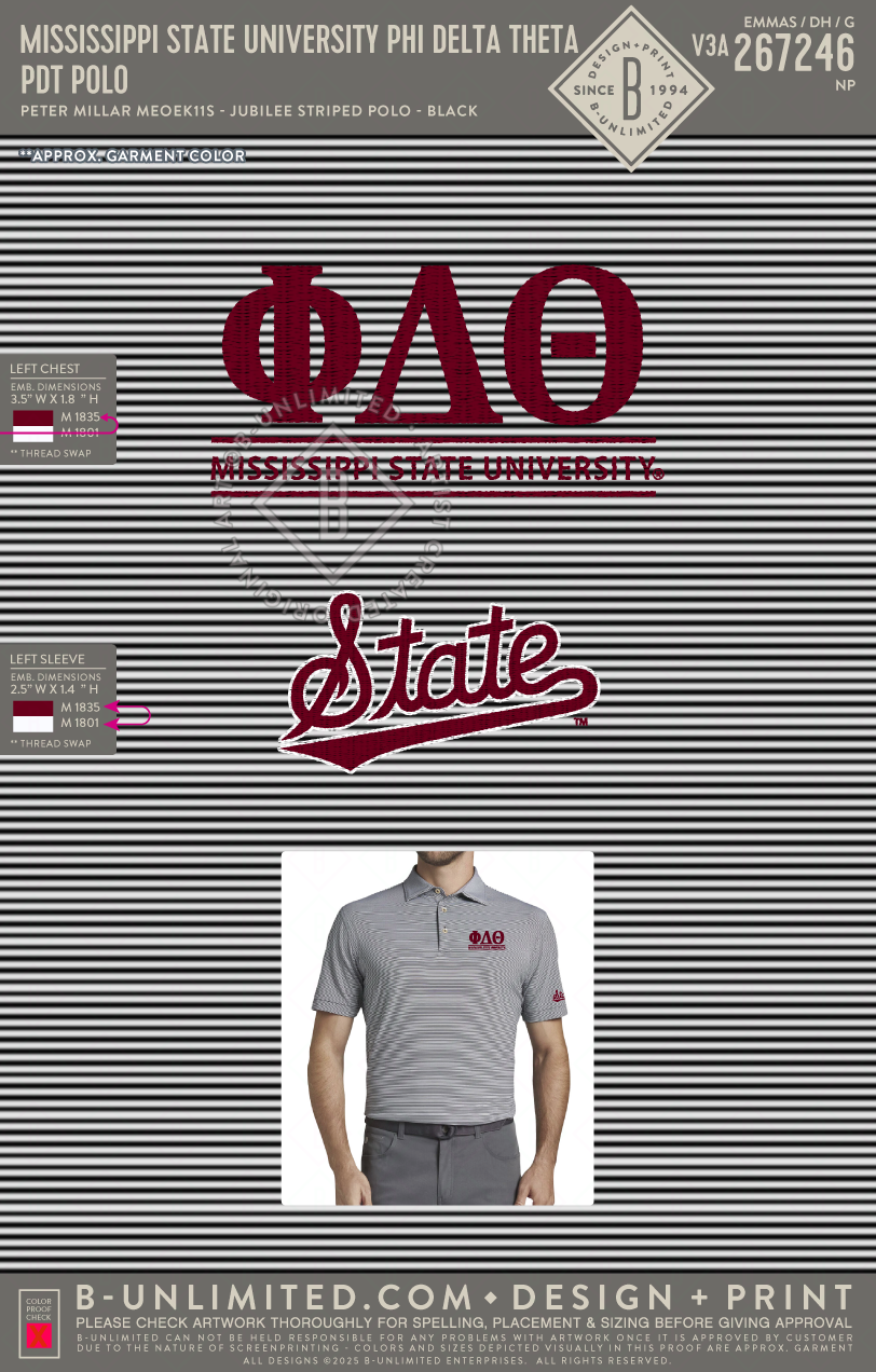 Mississippi State University Phi Delta Theta - PDT Polo - Peter Millar - MEOEK11S - Jubilee Striped Polo - Black