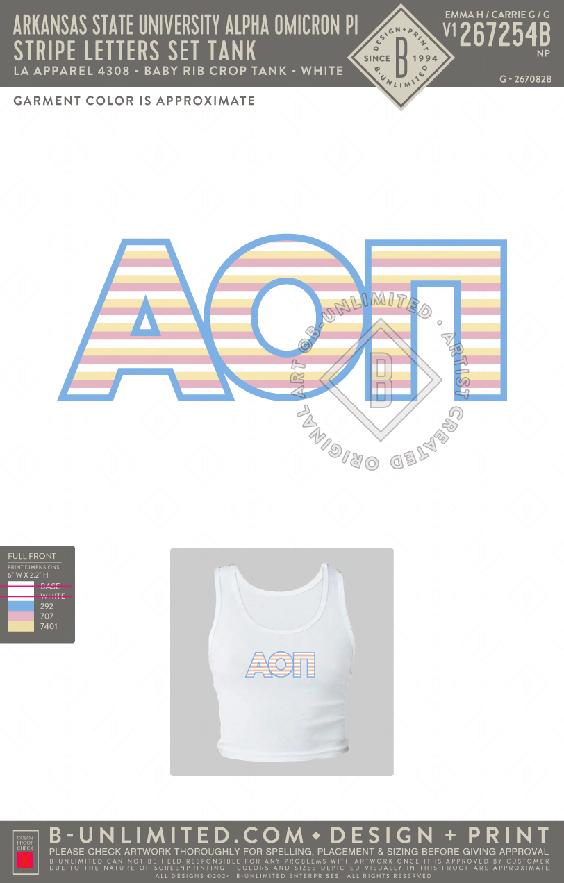 Arkansas State University Alpha Omicron Pi - Stripe Letters Set TANK - LA Apparel - 4308 - Baby Rib Crop Tank - White