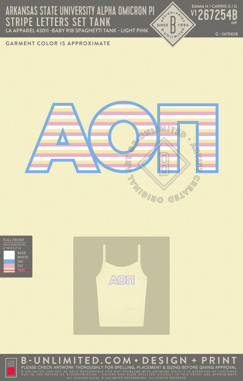 Arkansas State University Alpha Omicron Pi - Stripe Letters Set TANK - LA Apparel - 43011 - Tank Top - Baby Yellow