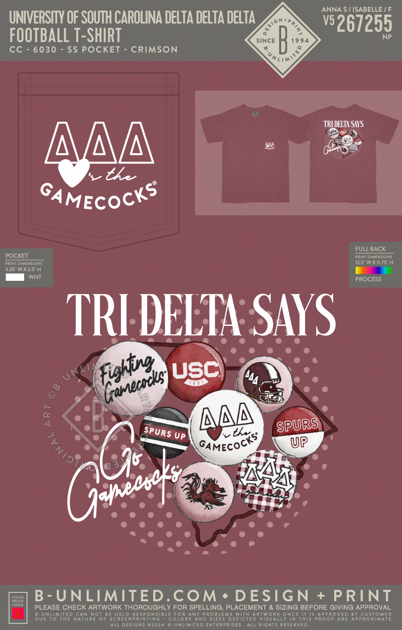 University of South Carolina Delta Delta Delta - Football T-Shirt - CC - 6030 - SS Pocket - Crimson