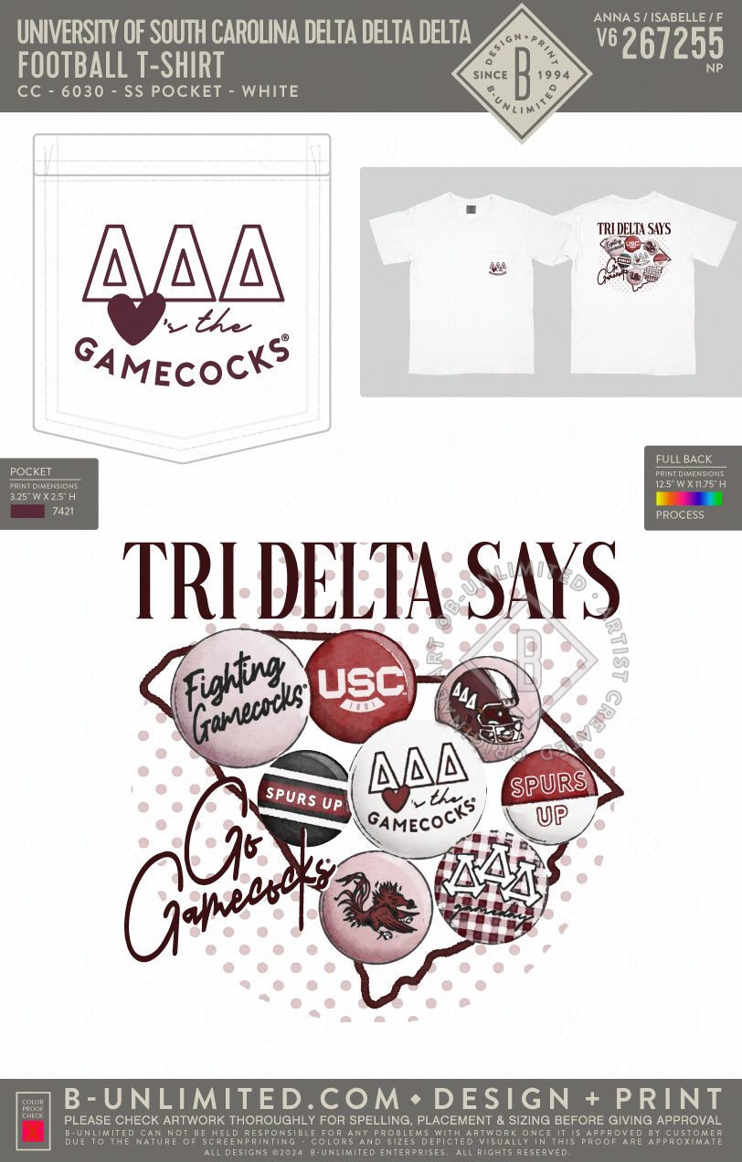 University of South Carolina Delta Delta Delta - Football T-Shirt White - CC - 6030 - SS Pocket - White
