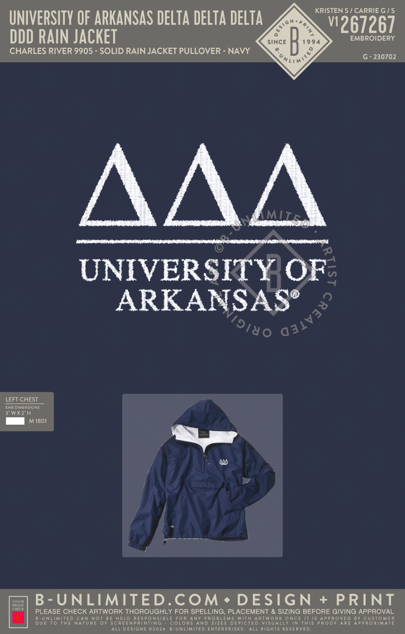 University of Arkansas Delta Delta Delta - DDD Rain Jacket - Charles River - 9905 - Solid Rain Jacket Pullover - Navy